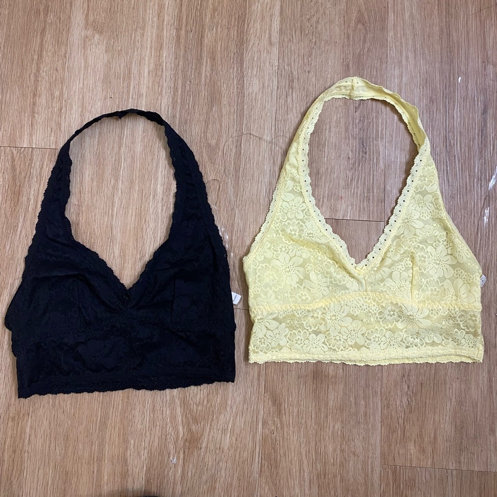 PINK Victoria's Secret Black and Yellow Lace Bandeau Duo